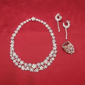 apm monaco Platnium over 925 Silver Paved Floral Necklace Earings  Ring set New